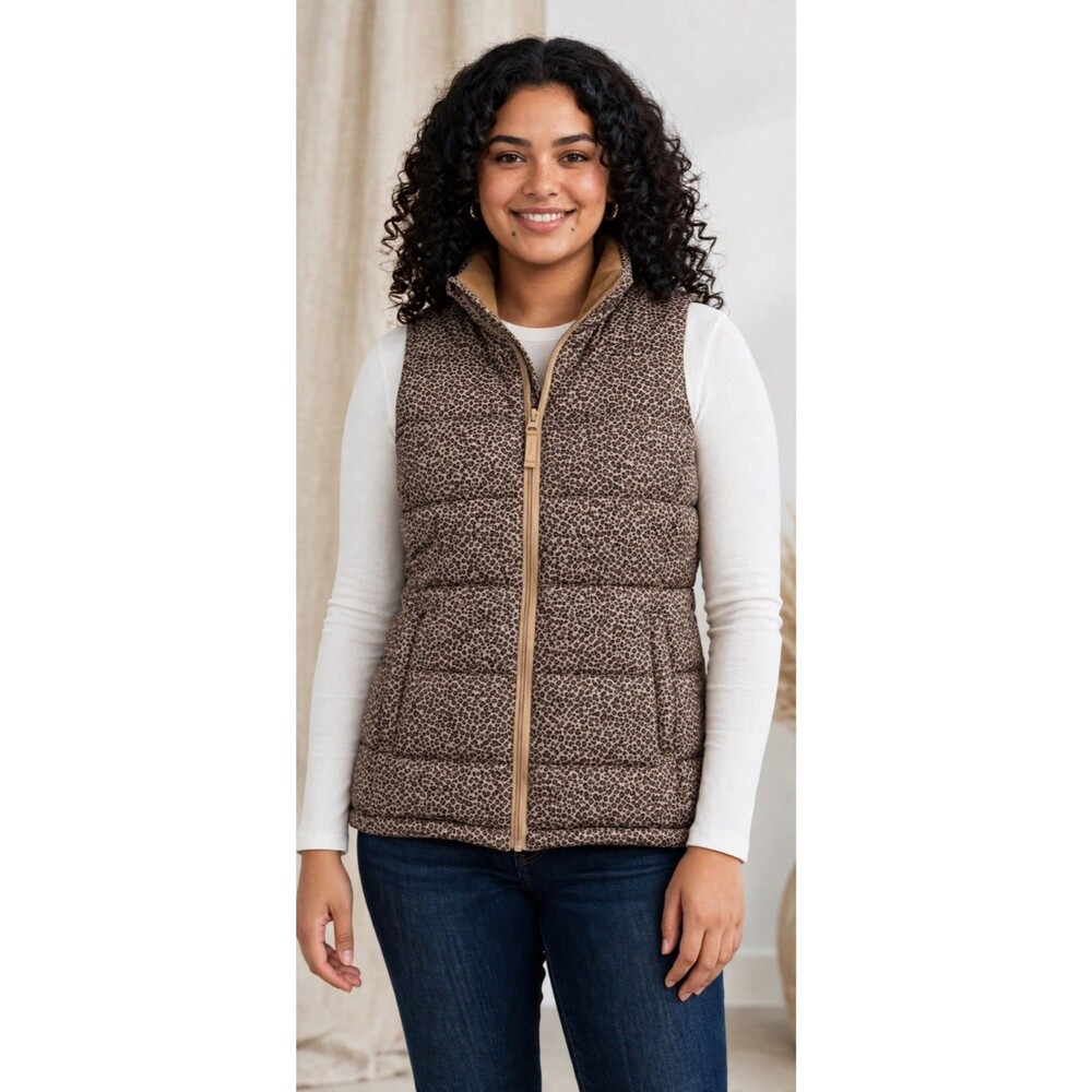 Amazon Essentials Women’s Brown Leopard Print Puffer Vest 2XL Full Zip Quilted